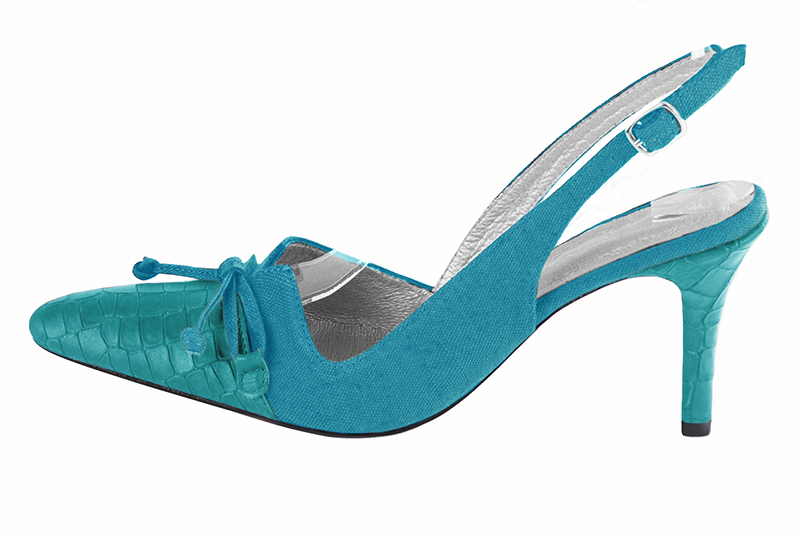 Turquoise blue women's open back shoes, with a knot. Tapered toe. High slim heel. Profile view - Florence KOOIJMAN